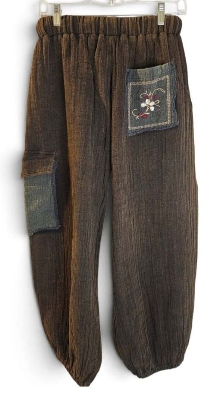 POL Kagen Embroidered Pants Small Cargo Floral Patchwork Brown - Picture 3 of 7